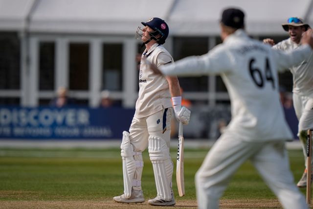 Harry Came is given out LBW off the bowling of Gabe Bell during the County Championship Division Two Derbyshire v Gloucestershire at The Central Co-Op County Ground, Derby, United Kingdom on 26 April 2026

(Photo by Maynard Manyowa/News Images)