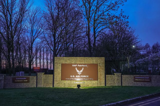 A general view of the main entrance to RAF Fairford, home of the U.S Air Force 501st Combat Support Wing during the RAF Fairford live feed at RAF Fairford, Fairford, United Kingdom on 02 March 2026

(Photo by Mark Cosgrove/News Images)