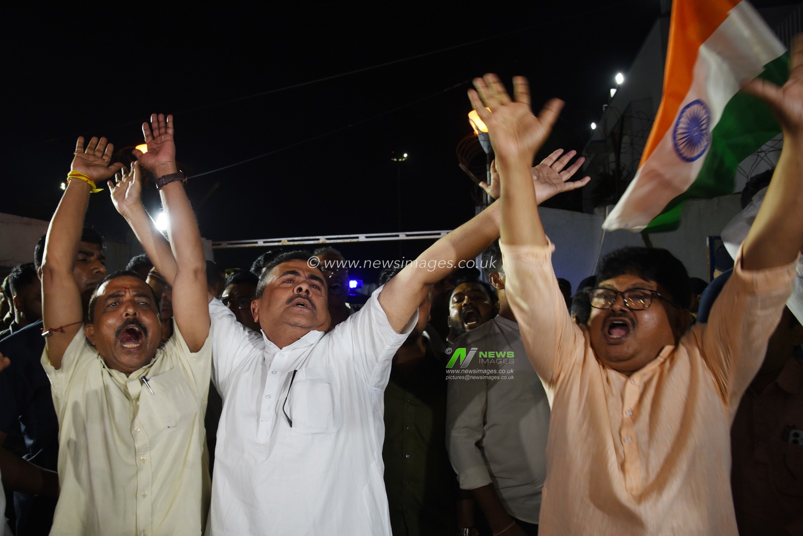 Suvendu Adhikari ,Opposition leader of West Bengal Legislative Assembly House with BJP MLA's Bhattacharyya  a protest against the attack on tourists in NSC Bose International Airport in Kolkata on April 23,2025,Photo by Debajyoti Chakraborty.(Photo: Debajyoti Chakraborty/News Images)