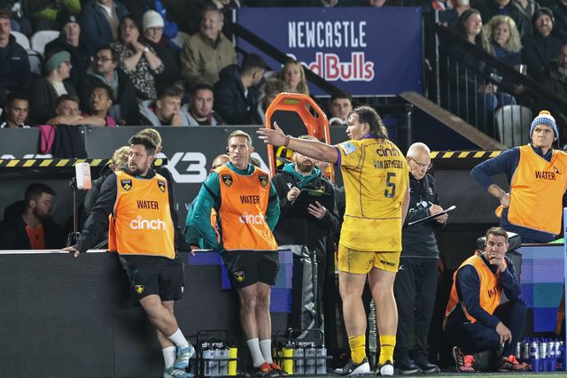 JJ van der Mescht of Northampton Saints jumps across the lineout and snatches the ball, hes yellow carded and sent to the sin bin during the Gallagher Premiership match Newcastle Red Bulls vs Northampton Saints at Kingston Park, Newcastle, United Kingdom, 17th October 2025

(Photo by Mark Cosgrove/News Images)