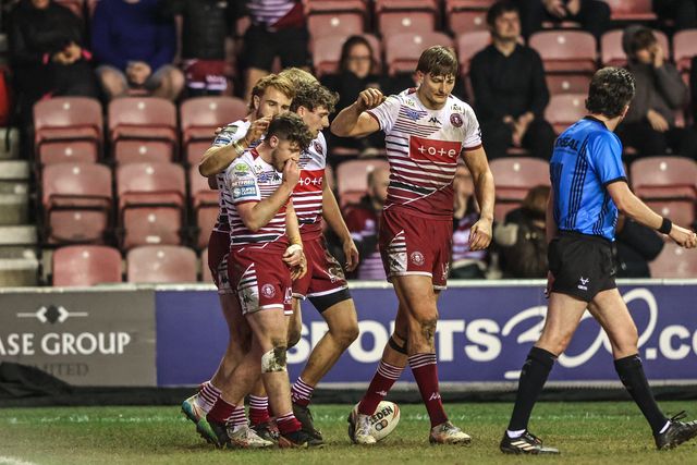 Adam Keighran of Wigan Warriors celebrates his try during the Betfred Super League round 5 match Wigan Warriors vs York Knights at The Brick Community Stadium, Wigan, United Kingdom on 19 March 2026

(Photo by Alfie Cosgrove/News Images)