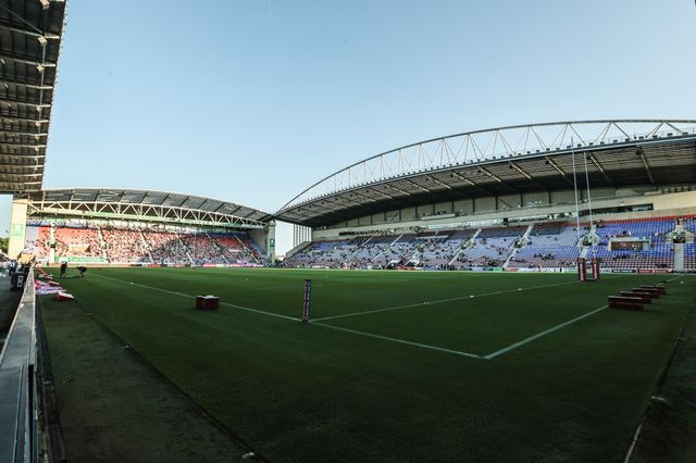 A general view of the Brick Community Stadium ahead of the Betfred Super League round 22 match Wigan Warriors vs Hull KR at The Brick Community Stadium, Wigan, United Kingdom, 15th August 2025

(Photo by Alfie Cosgrove/News Images)