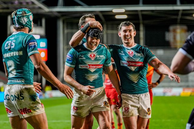 George Whitby of St Helens celebrates his try during the Betfred Challenge Cup Quarter Final match St Helens vs Catalans Dragons at The BrewDog Stadium, St Helens, United Kingdom on 10 April 2026

(Photo by Maynard Manyowa/News Images)