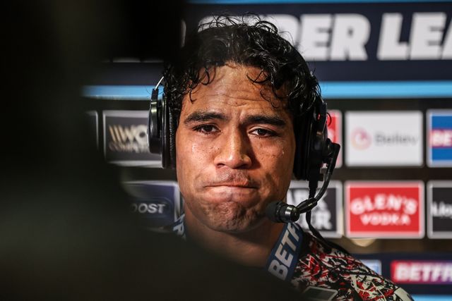Joe Ofahengaue of Leigh Leopards speaks on Sky Sports after the game during the Betfred Super League round 8 match York Knights vs Leigh Leopards at LNER Community Stadium, York, United Kingdom on 17 April 2026

(Photo by Alfie Cosgrove/News Images)