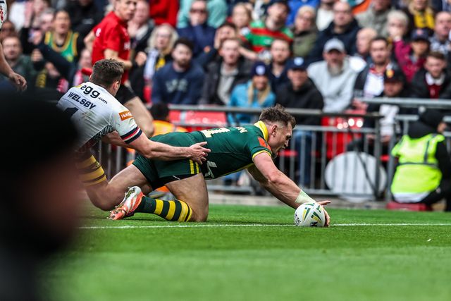 Angus Crichton of Australia goes over for a try to make it 0-12 during the The Ashes Series 2025 England vs Australia at Wembley Stadium, London, United Kingdom, 25th October 2025

(Photo by Alfie Cosgrove/News Images)