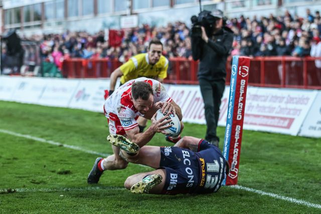 Joe Burgess of Hull KR goes over for a try making it 12-0 during the Betfred Super League Semi Final 2 match Hull KR vs St Helens at Sewell Group Craven Park, Kingston upon Hull, United Kingdom, 3rd October 2025

(Photo by Alfie Cosgrove/News Images)