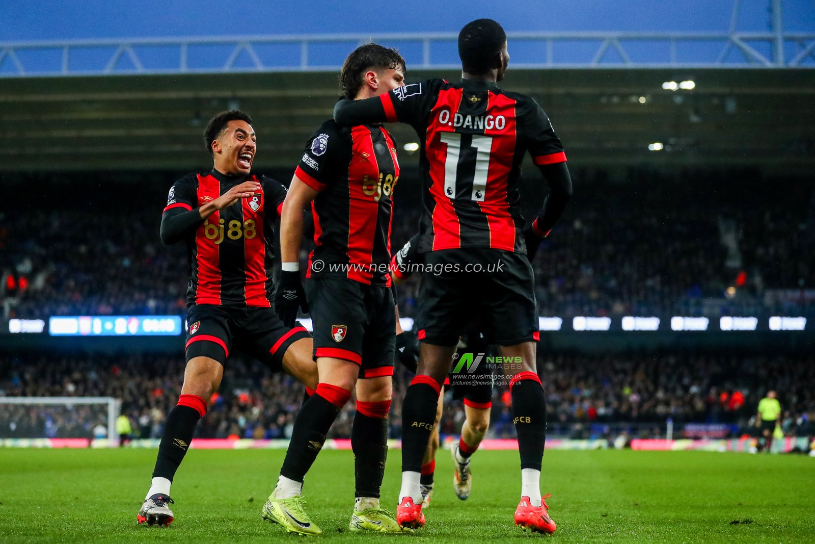Dango Ouattara of AFC Bournemouth celebrates his goal with teammates to make it 1-2 during the Premier League match Ipswich Town vs Bournemouth at Portman Road, Ipswich, United Kingdom, 8th December 2024

(Photo by Izzy Poles/News Images)