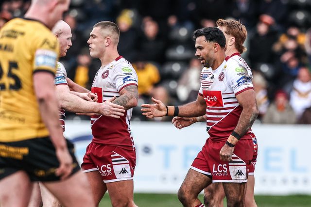 Bevan French of Wigan Warriors celebrates his try during the Betfred Super League round 1 match Castleford Tigers vs Wigan Warriors at OneBore Stadium, Castleford, Untied Kingdom on 15 February 2026

(Photo by Alfie Cosgrove/News Images)