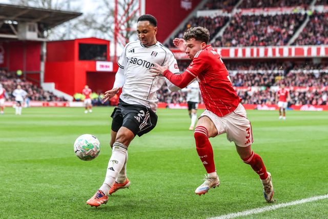 Kenny Tete of Fulham and Neco Williams of Nottingham Forest battle for the ball during the Premier League match Nottingham Forest vs Fulham at City Ground, Nottingham, United Kingdom on 15 March 2026

(Photo by Alfie Cosgrove/News Images)