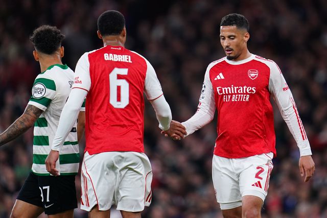 Gabriel of Arsenal and William Saliba of Arsenal during the UEFA Champions League Quarter Finals match Arsenal vs Sporting CP at Arsenal stadium, London, United Kingdom on 15 April 2026

(Photo by Harvey Murphy/News Images)
