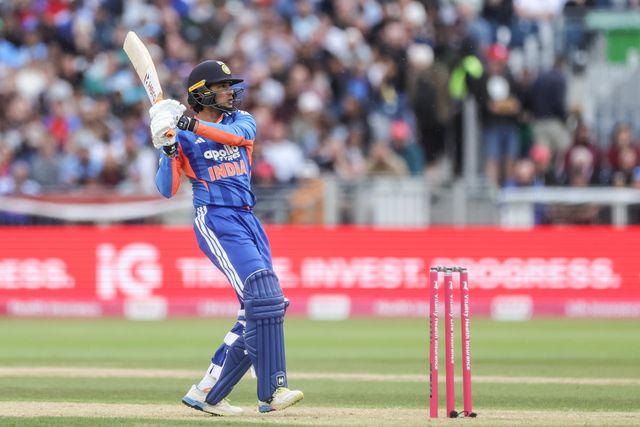 Abhishek Sharma of India hits a six during the First Vitality T20 International match England vs India at Banks Homes Riverside Stadium, Chester-le-street, United Kingdom on 01 July 2026

(Photo by Mark Cosgrove/News Images)