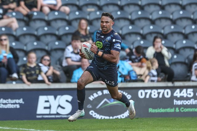 Bevan French of Wigan Warriors goes over for a try during the Betfred Super League Round 9 match Hull FC vs Wigan Warriors at MKM Stadium, Hull, United Kingdom, 27th April 2025

(Photo by Mark Cosgrove/News Images)