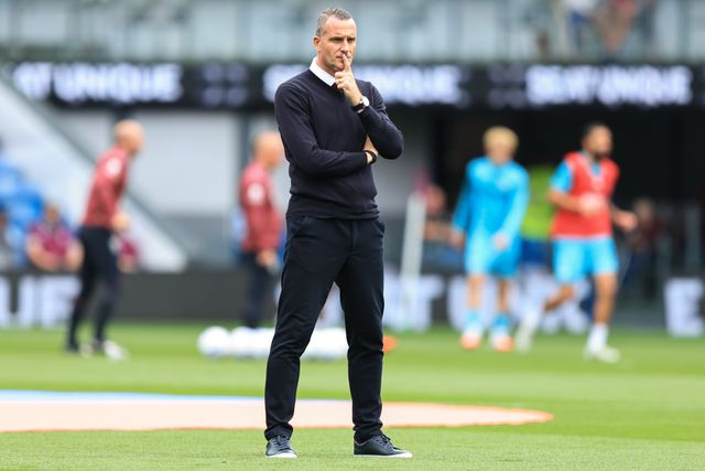 Burnley manager Nicky Hayen watches teams warms up ahead of the Sky Bet Championship match Burnley vs West Ham United at Turf Moor, Burnley, United Kingdom on 16 August 2026

(Photo by Jorge Horsted/News Images)
