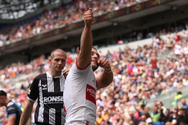 Mikey Lewis of Hull KR celebrates his try during the Betfred Super League Magic Weekend match Hull KR vs Hull FC at Hill Dickinson Stadium, Liverpool, United Kingdom on 04 July 2026

(Photo by Alfie Cosgrove/News Images)