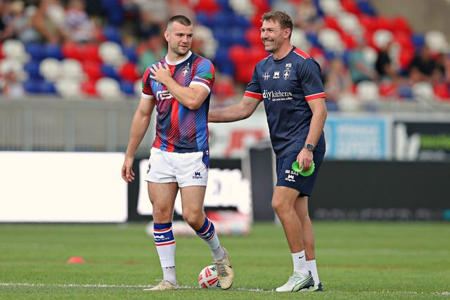 Max Jowitt of Wakefield Trinity and Michael Shenton of Wakefield Trinity before the Betfred Super League round 15 match Wakefield Trinity vs Wigan Warriors at DIY Kitchens Stadium, Wakefield, United Kingdom, 20th June 2025

(Photo by Sam Eaden/News Images)