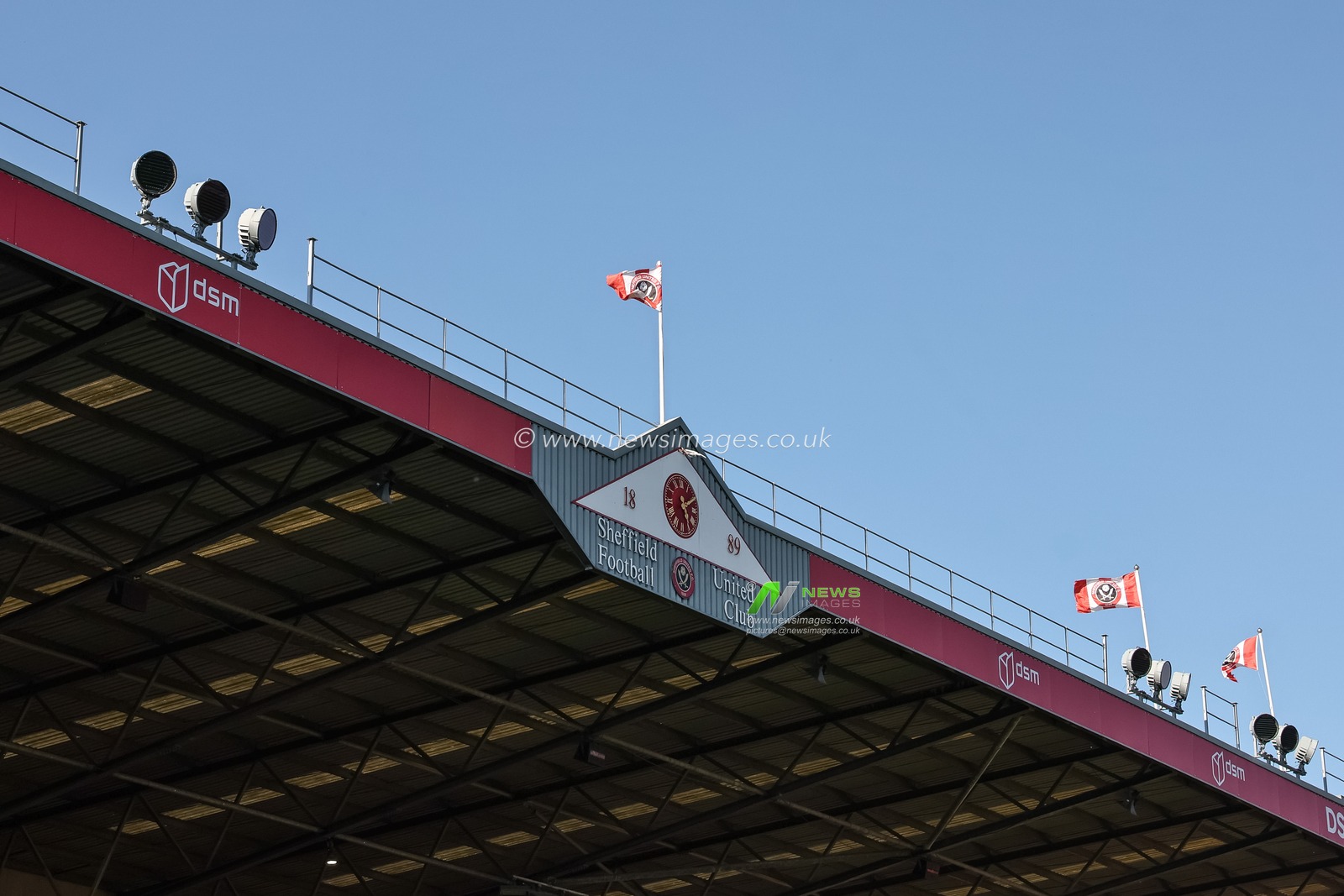 The clock tower on the roof of the DSM Roofing Stand during the Sky Bet Championship Playoff Semi-final match Sheffield United vs Bristol City at Bramall Lane, Sheffield, United Kingdom, 12th May 2025

(Photo by Mark Cosgrove/News Images)