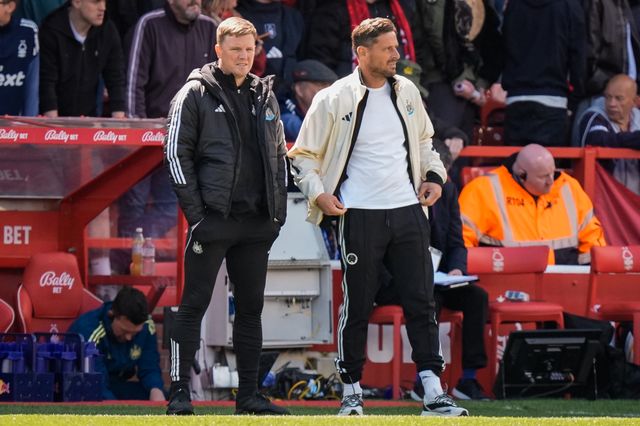 Eddie Howe manager of Newcastle United and his assistant manager Jason Tindall look on during the Premier League match Nottingham Forest vs Newcastle Untied at City Ground, Nottingham, United Kingdom on 10 May 2026

(Photo by Maynard Manyowa/News Images)