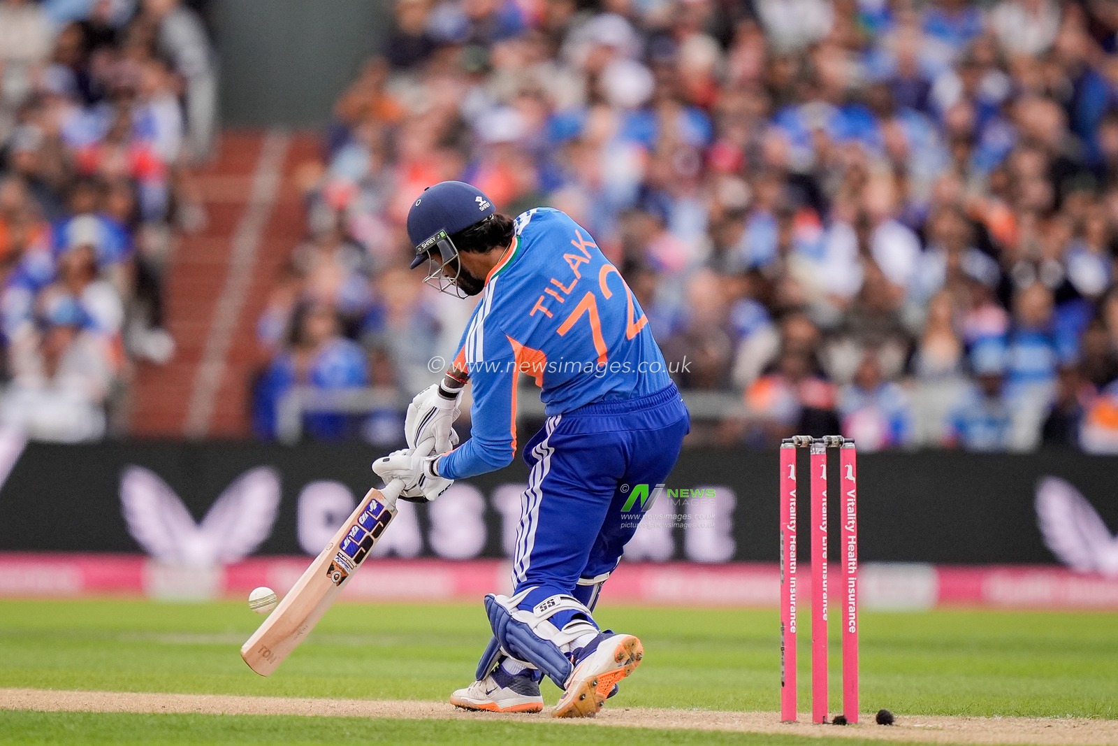 Tilak Varma of India hits a six during the Second Vitality T20 International match England vs India at Old Trafford, Manchester, United Kingdom on 04 July 2026

(Photo by Maynard Manyowa/News Images)