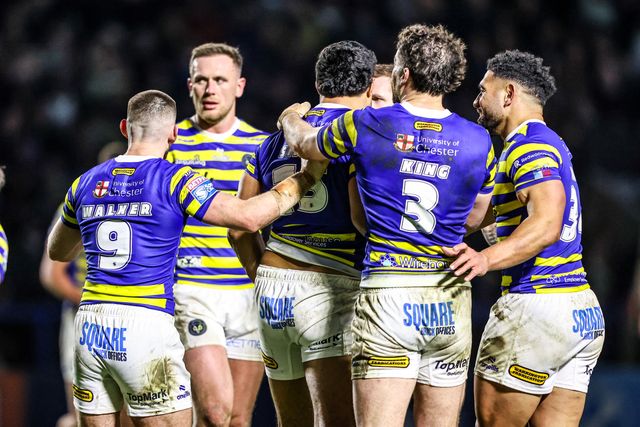 Toafofoa Sipley of Warrington Wolves celebrates his try during the Betfred Super League Round 3 match Warrington Wolves vs Wakefield Trinity at The Halliwell Jones Stadium, Warrington, United Kingdom on 28 February 2026

(Photo by Alfie Cosgrove/News Images)