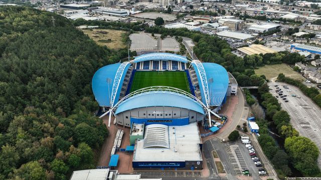 An aerial view of Accu Stadium ahead of the Betfred Super League Round 23 match Huddersfield Giants vs Warrington Wolves at Accu Stadium, Huddersfield, United Kingdom, 24th August 2025

(Photo by Alfie Cosgrove/News Images)