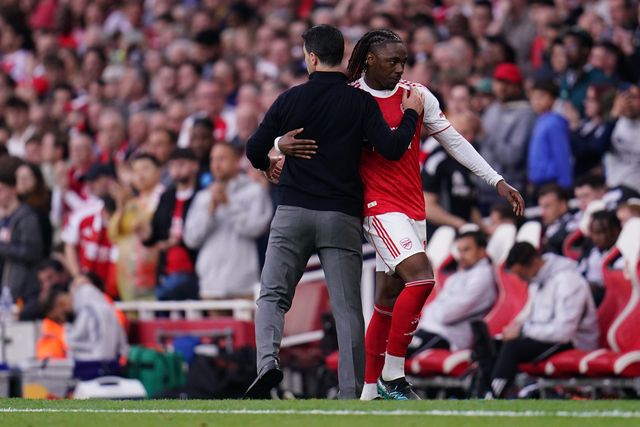 Mikel Arteta manager of Arsenal and Eberechi Eze of Arsenal during the Premier League match Arsenal vs Fulham at Emirates, London, United Kingdom on 02 May 2026

(Photo by Harvey Murphy/News Images)
