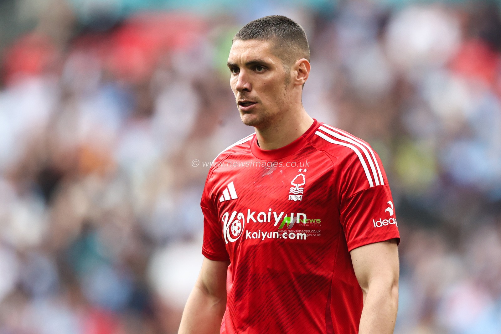 Nikola MilenkoviÄ‡ of Nottingham Forest during the Emirates FA Cup Semi-Final match Nottingham Forest vs Manchester City at Wembley Stadium, London, United Kingdom, 26th April 2025

(Photo by Alfie Cosgrove/News Images)