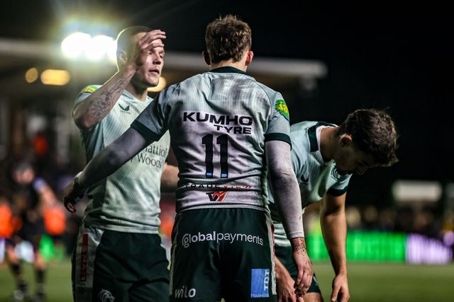 George Pearson of Leicester Tigers celebrates his try during the Premiership Rugby Cup match Newcastle Red Bulls vs Leicester Tigers at Kingston Park, Newcastle, United Kingdom, 31st October 2025

(Photo by Alfie Cosgrove/News Images)

*** GER AUT SUI OUT ***
