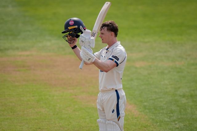 Brooke Guest of Derbyshire celebrates scoring his hundred during the County Championship Division Two Derbyshire vs Northamptonshire day two  match at The Central Co-Op County Ground, Derby, United Kingdom on 09 May 2026

(Photo by Maynard Manyowa/News Images)