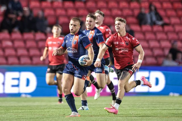 Mikey Lewis of Hull KR runs in a 50 yard solo try during the Betfred Super League Round 20 Salford Red Devils vs Hull KR at Salford Community Stadium, Eccles, United Kingdom, 31st July 2025

(Photo by Mark Cosgrove/News Images)