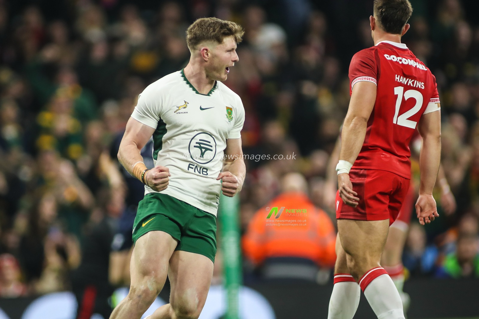 Ethan Hooker of South Africa celebrates scoring a try for his team during the Quilter Nations Series 2025 match Wales vs South Africa at Principality Stadium, Cardiff, United Kingdom, 29th November 2025

(Photo by Andrew Lewis/News Images)

*** GER AUT SUI OUT ***