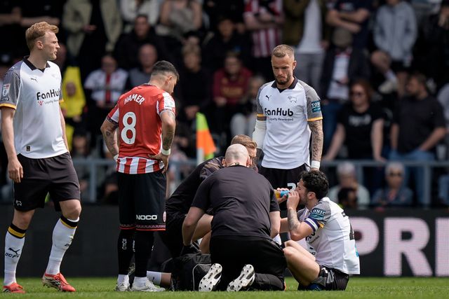 Ben Brereton Diaz of Derby County receives treatment during the Sky Bet Championship match Derby County vs Sheffield United at Pride Park Stadium, Derby, United Kingdom on 02 May 2026

(Photo by Maynard Manyowa/News Images)