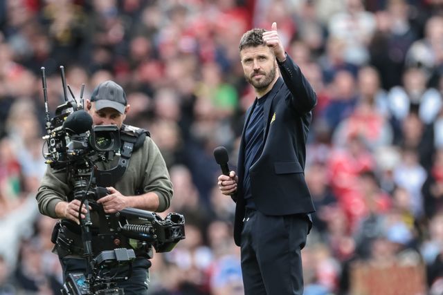 Michael Carrick manager of Manchester United addresses Old Trafford after the final home game of the season during the Premier League match Manchester United vs Nottingham Forest at Old Trafford, Manchester, United Kingdom on 17 May 2026

(Photo by Mark Cosgrove/News Images)