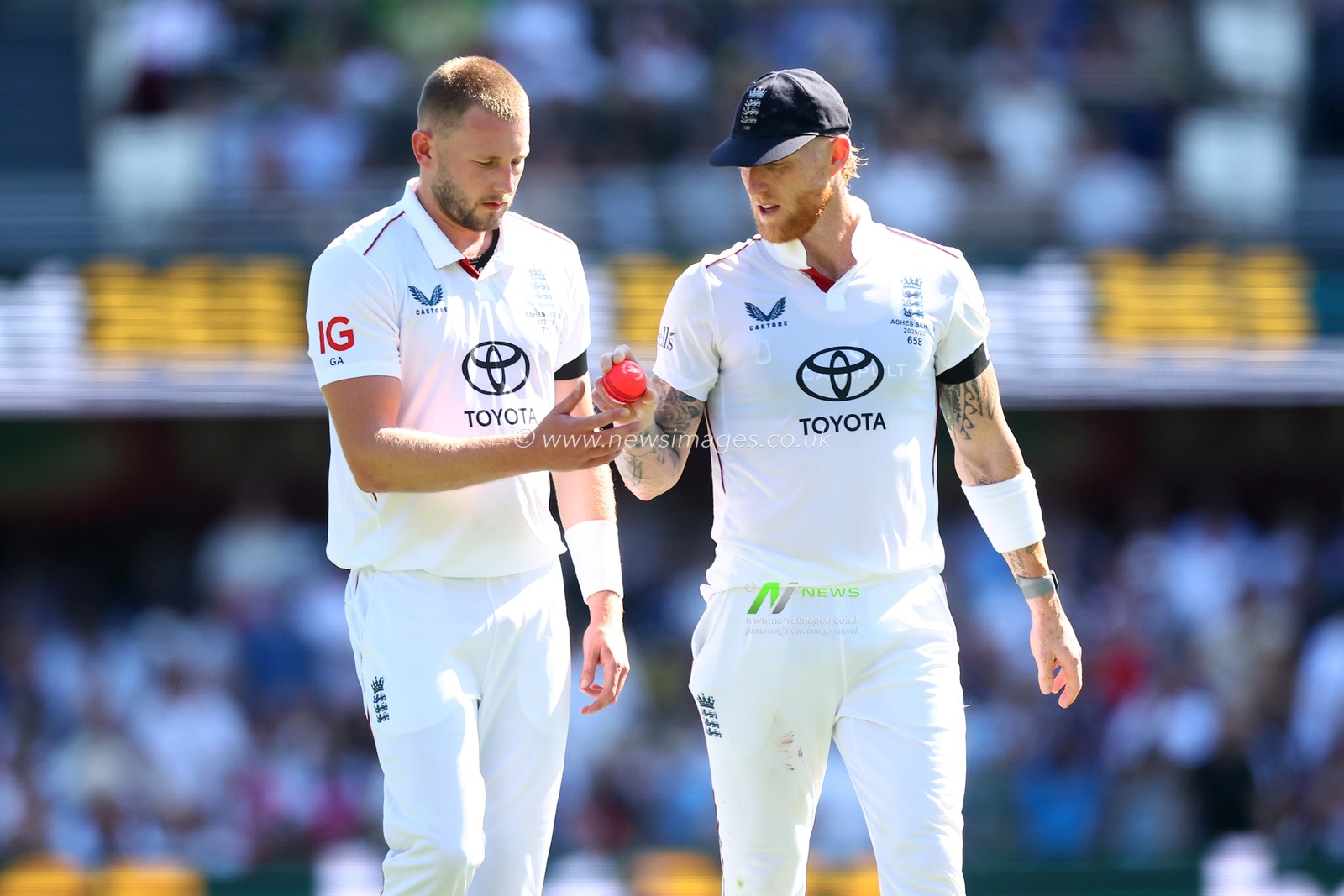 Gus Atkinson of England  is seen with Ben Stokes of England  during Day 3 of the Second Test in the NRMA Insurance Ashes Series Australia vs England at The Gabba, Brisbane Cricket Ground, Brisbane, Australia, 6th December 2025

(Photo by Patrick Hoelscher/News Images)

*** GER AUT SUI OUT ***