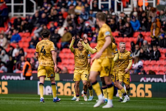 Ryoya Morishita of Blackburn Rovers celebrates Adam Forshaw of Blackburn Rovers scoring a goal to make it  during the Sky Bet Championship match Stoke City vs Blackburn Rovers at Bet365 Stadium, Stoke On Trent, United Kingdom on 11 April 2026

(Photo by Maynard Manyowa/News Images)