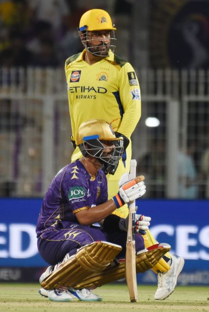 Kolkata Knight Riders' captain Ajinkya Rahane and CSK Captain MS Dhoni Wicket keeping during the 2025 IPL match between Kolkata Knight Riders and Chennai Super Kings at Eden Gardens on May 07, 2025, in Kolkata, India. Photo by Debajyoti Chakraborty.(Photo: Debajyoti Chakraborty/News Images)