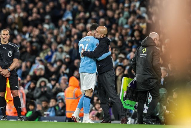 Josko Gvardiol of Manchester City embraces Josep Guardiola manager of Manchester City as he is substituted off during the Premier League match Manchester City vs Crystal Palace at Etihad Stadium, Manchester, United Kingdom on 13 May 2026

(Photo by Mark Cosgrove/News Images)