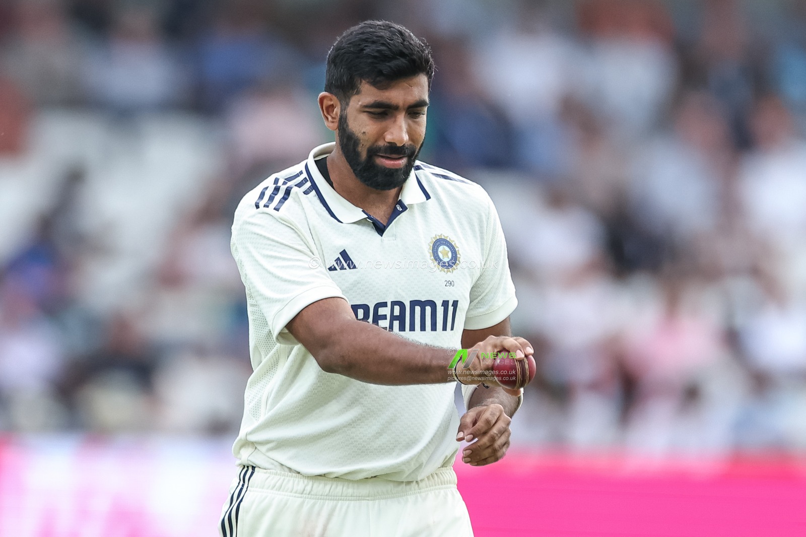 Jasprit Bumrah of India places his fingers on the seam of the ball as he simulates ball delivery during the 1st Rothesay Test Match Day 2 England vs India at Headingley Cricket Ground, Leeds, United Kingdom, 21st June 2025

(Photo by Mark Cosgrove/News Images)