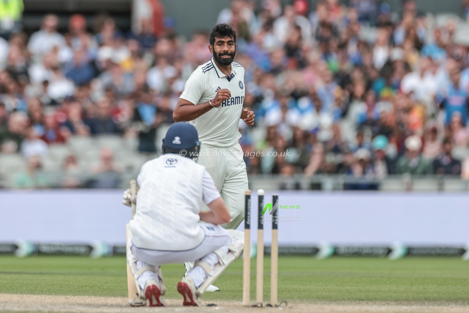 Jasprit Bumrah of India celebrates the wicket of Liam Dawson of England during the 4th Rothesay Test Match match Day 4 England vs India at Old Trafford Cricket Ground, Manchester, United Kingdom, 26th July 2025

(Photo by Mark Cosgrove/News Images)