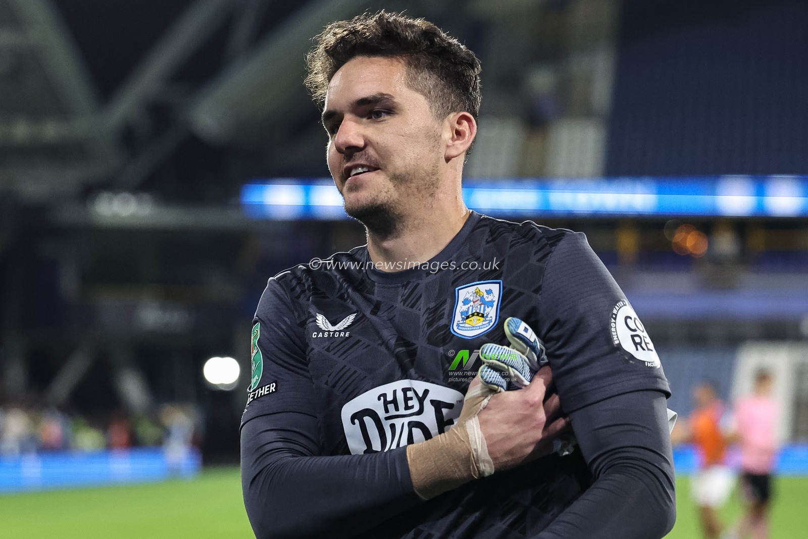Penalty saving hero Lee Nicholls of Huddersfield Town during the Carabao Cup match Huddersfield Town vs Leicester City at Accu Stadium, Huddersfield, United Kingdom, 13th August 2025

(Photo by Mark Cosgrove/News Images)