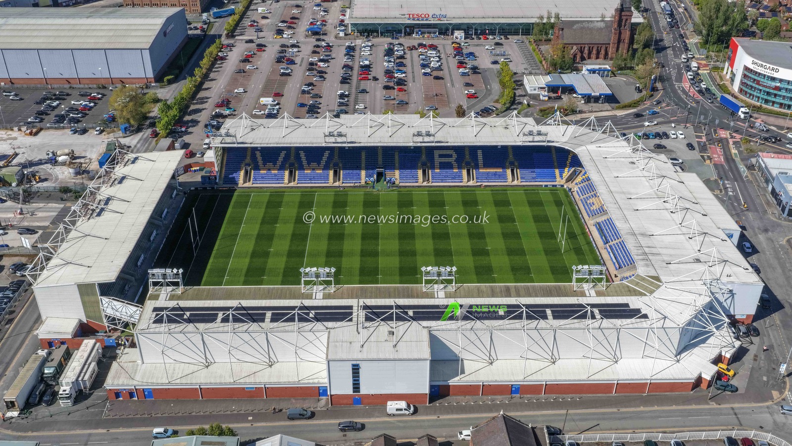An aerial view of The Halliwell Jones Stadium during the Betfred Super League round 9 match Warrington Wolves vs Wigan Warriors at The Halliwell Jones Stadium, Warrington, United Kingdom on 24 April 2026

(Photo by Mark Cosgrove/News Images)