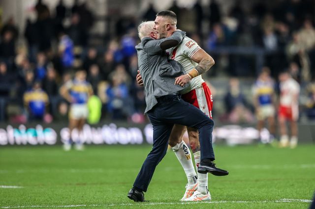 Eamonn McManus, chairman and owner of St Helens Rugby Club celebrates the win with Curtis Sironen of St. Helens during the Betfred Super League play-off Eliminator 1 match Leeds Rhinos vs St Helens at Headingley Stadium, Leeds, United Kingdom, 27th September 2025

(Photo by Alfie Cosgrove/News Images)