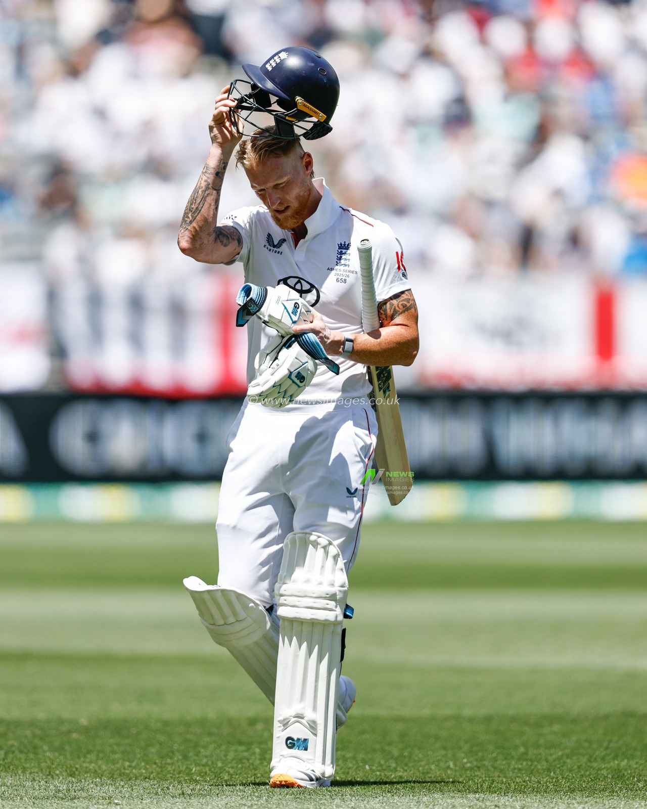 A dejected England captain Ben Stokes walks after being bowled out by Mitch Starc of Australia during the NRMA Insurance Ashes First Test Day 1 Series Australia vs England at Optus Stadium, Perth, Australia, 20th November 2025

(Photo by Santanu Banik/News Images)

*** GER AUT SUI OUT ***