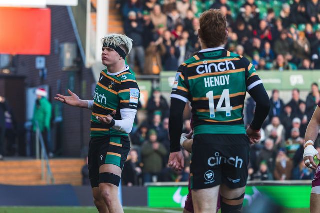 Henry Pollock of Northampton Saints scores the opening try during the Gallagher Premiership match Northampton Saints vs Sale Sharks at Cinch Stadium at Franklin's Gardens, Northampton, United Kingdom, 20th December 2025

(Photo by Craig Evans/News Images)

*** GER AUT SUI OUT ***