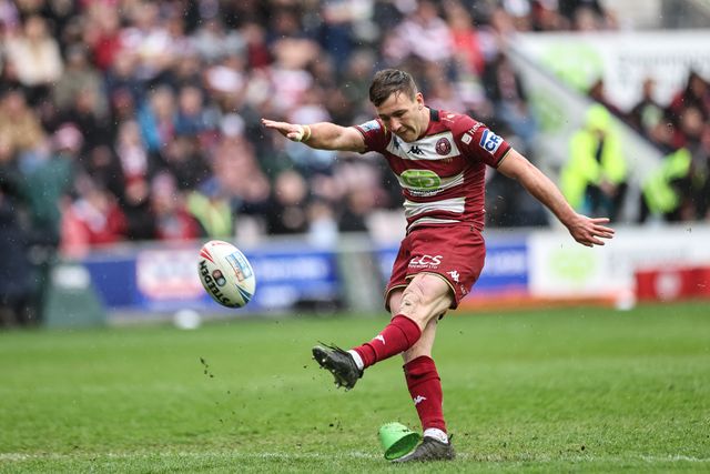 Harry Smith of Wigan Warriors converts for a goal to make it 18-2 during the Betfred Super League Round 8 match Wigan Warriors vs St Helens at The Brick Community Stadium, Wigan, United Kingdom, 18th April 2025

(Photo by Mark Cosgrove/News Images)