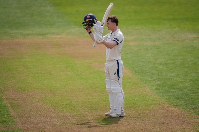 Brooke Guest of Derbyshire celebrates scoring his hundred during the County Championship Division Two Derbyshire vs Northamptonshire day one match at The Central Co-Op County Ground, Derby, United Kingdom on 08 May 2026

(Photo by Maynard Manyowa/News Images)