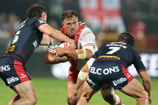 Jai Whitbread of Hull KR is tackled by Matt Whitley of St. Helens during the Betfred Super League Round 24 match Hull KR vs St Helens at Sewell Group Craven Park, Kingston upon Hull, United Kingdom, 29th August 2025

(Photo by Mark Cosgrove/News Images)