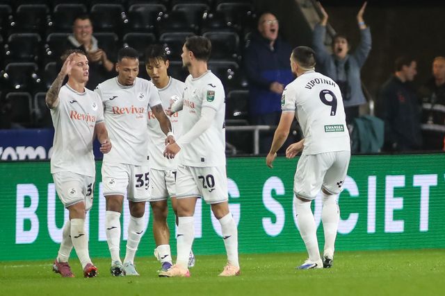 Žan Vipotnik of Swansea City  celebrates scoring his teams second goal during the Carabao Cup 3rd Round Swansea City vs Nottingham Forest at Swansea.com Stadium, Swansea, United Kingdom, 17th September 2025

(Photo by Andrew Lewis/News Images)