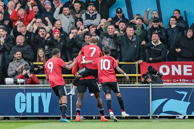 Godwill Kukonki of Manchester United U18's celebrates his goal to make it 1-1 during the FA Youth Cup Final match Manchester City U18 vs Manchester United U18 at Joie Stadium, Manchester, United Kingdom on 14 May 2026

(Photo by Mark Cosgrove/News Images)