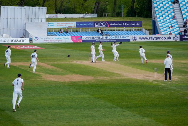 Graeme van Buuren celebrates the wicket of Matthew Montgomery during the county Championship Division Two day 4 Derbyshire vs Gloucestershire at The Central Co-Op County Ground, Derby, United Kingdom on 27 April 2026

(Photo by Maynard Manyowa/News Images)