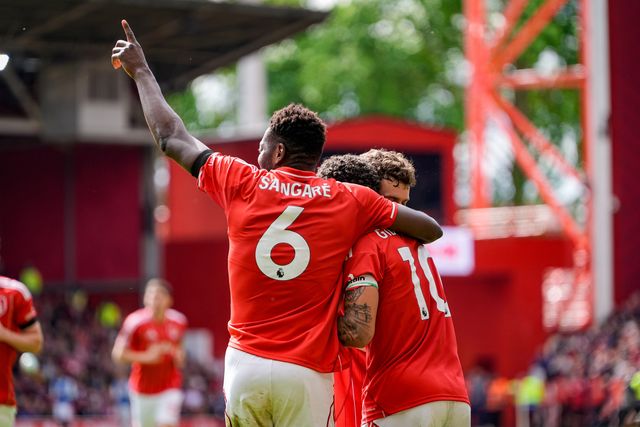 Morgan Gibbs-White of Nottingham Forest celebrates his goal to make it  2-1 with Neco Williams of Nottingham Forest and Ibrahim Sangare of Nottingham Forest during the Premier League match Nottingham Forest vs Burnley at City Ground, Nottingham, United Kingdom on 19 April 2026

(Photo by Maynard Manyowa/News Images)